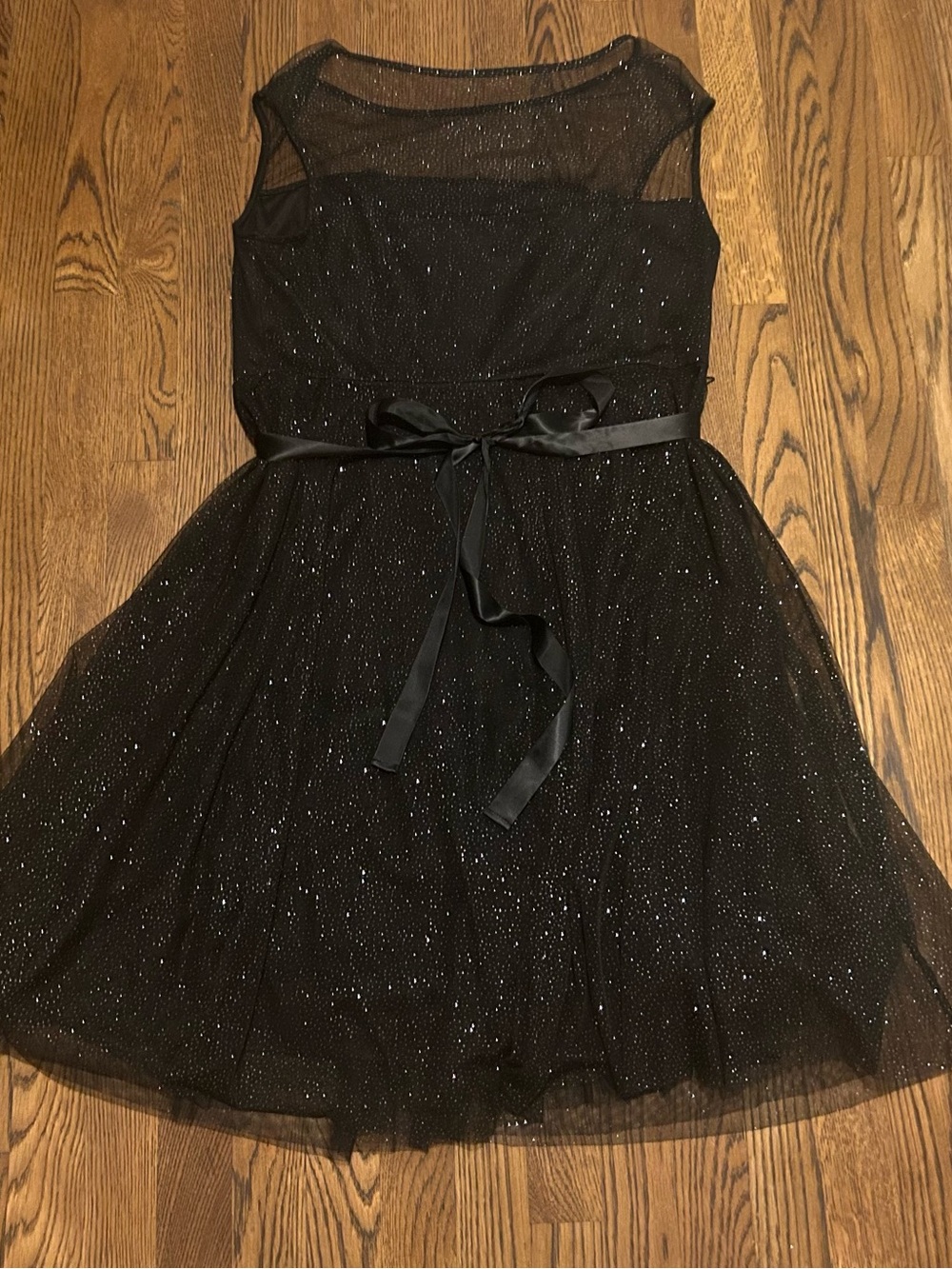 Black Sheer Yoke Midi cocktail Dress with Sparkle and Belt - Picture 7 of 8